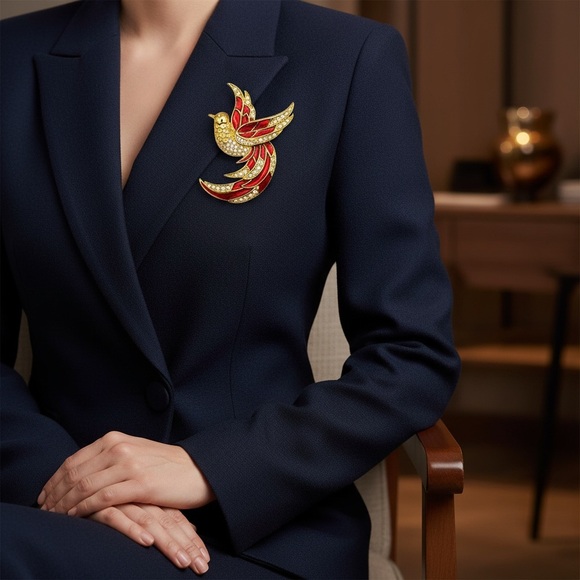 Giorgio Jewelry - Vintage 90s Giorgio Bird Brooch Red Enamel Cubic Zirconias Gold Tone Plated Nwot